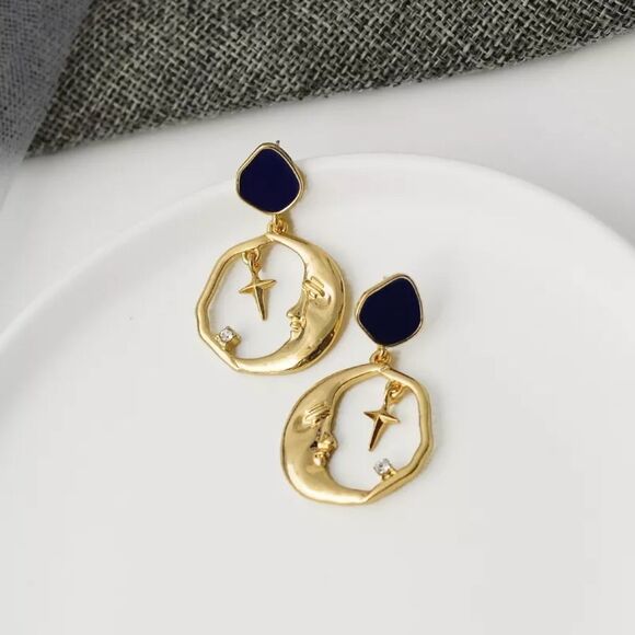 Moon Cross Blue Enamel Stone Crystal Gold Drop Statement Earrings - Picture 7 of 7